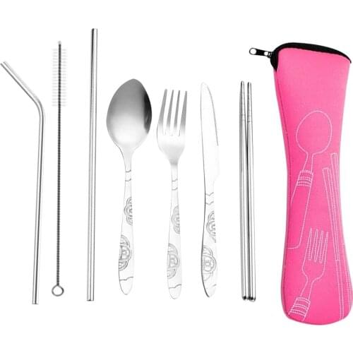 8pcs/set Spoon Fork Set Stainless Steel Chopstick Straw Set Portable Dinnerware Kit with Bag Kitchen Accessories