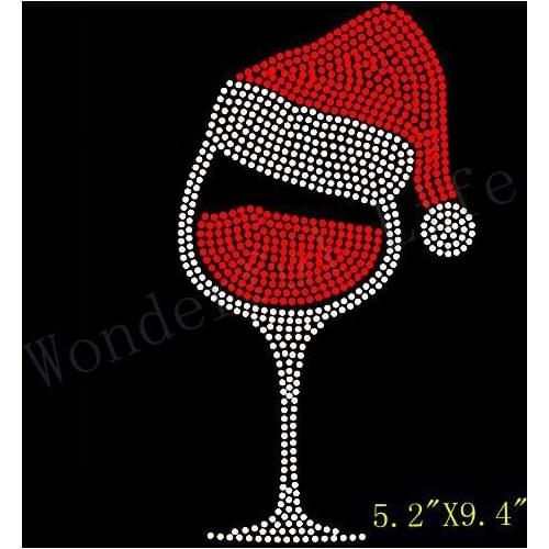 Free Shipping CHRISTMAS CAP ON WINE GLASS Hot RHINESTONE TRANSFER Design