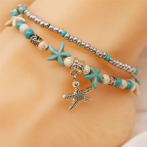 Anklets for Women Shell Fantasy Jewels Beads Handmade Star Blue Ethnic Indian Craft Boho Charms Foot Bracelets