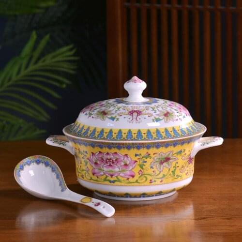 Jingdezhen Ceramic large soup bowl chinese household Bone China with cover and ear anti scalding large capacity soup bowl soup