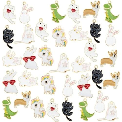 Julie Wang 5/9PCS Enamel Animal Charms Cat Dog Rabbit Dinosaur Alloy Gold Tone Necklace Bracelet Jewelry Making Accessory