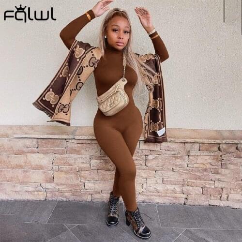 FQLWL Winter Long Sleeve Brown Sexy Bodycon Jumpsuit Women Romper One Piece Outfit Turtleneck White Black Jumpsuit Female Ladies