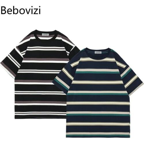 Pullover Streetwear Mens Cotton Short Sleeve T-shirt Hot Sale 2021 Summer Multicolor Loose Stripes Casual Short Sleeve T-shirt