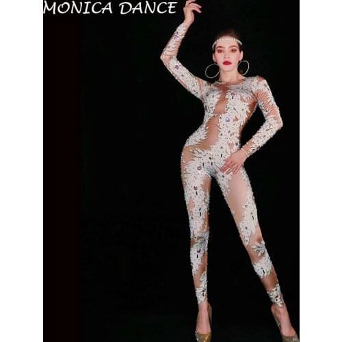 White Nude Petal Leaf Printing Crystals Jumpsuit Elastic Long Sleeve Rhinestones Jumpsuits Bar Nightclub DJ Singer Stage Costume