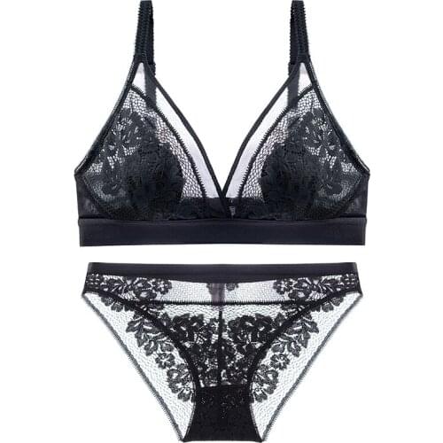 Women Seamless WireFree Sexy Lingerie Set Push-up No Rims Lace Ultra Thin Cup Wire Free Lace Bra Set For Women Thin Cup Bra Sets