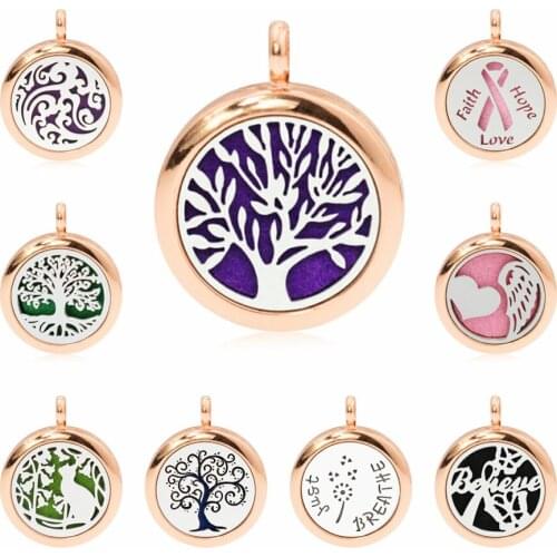 Rose gold 25 mm Cute tree of life just breathe Locket Perfume diffuser essential oil locket fit necklace making 1 pad no chain