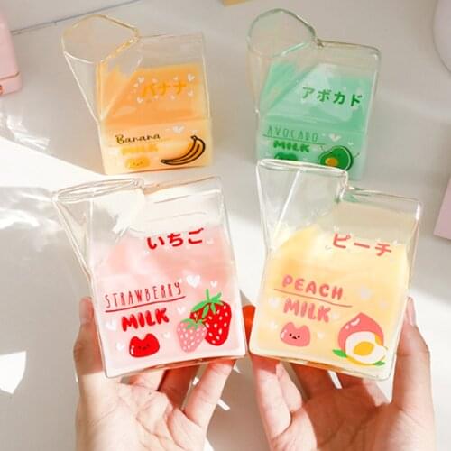 Kawaii Square Milk Carton Glass Cup Cute Strawberry Creative Breakfast Cup For Home Portable Student Transparent Milk Cups