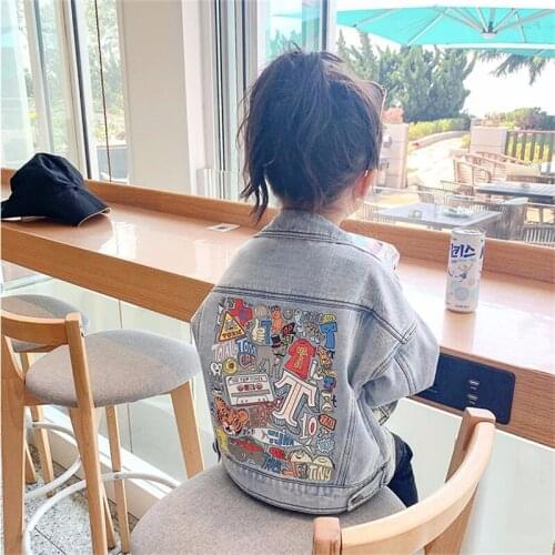 Fashion Baby Girls Blue Tooling Denim Jacket for Children Autumn Clothes 2020 New Boys Cartoon Print Coat Outwear