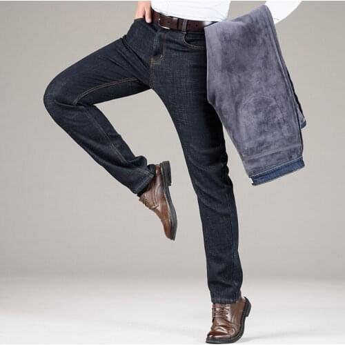 2021 Winter New Mens Warm and Thick Business Jeans Classic Style Black Blue Cotton Straight Denim Pants Male Brand Trousers