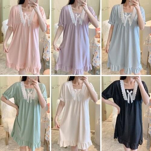 2021 Summer Womens Nightdress Short Sleeve Nightgown & Sleepstirts Sweet Lace Princess Style Solid Color Home Clothes Sleepwear