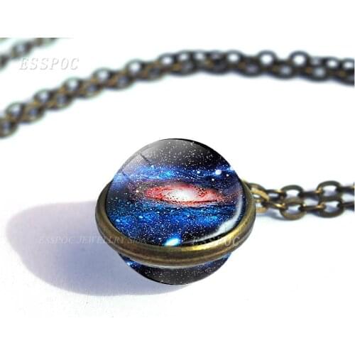 Galaxy Nebula Glass Ball Necklace Stars Outer Space Double Side Pendant Universe Glass Cabochon Art Jewelry Women Men Gift
