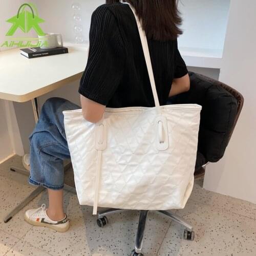 Diamond Lattice Large Capacity Totes PU Leather Portable Shoulder Bags Womens Casual Trend Handbags Folding Pouch Shopping Bags