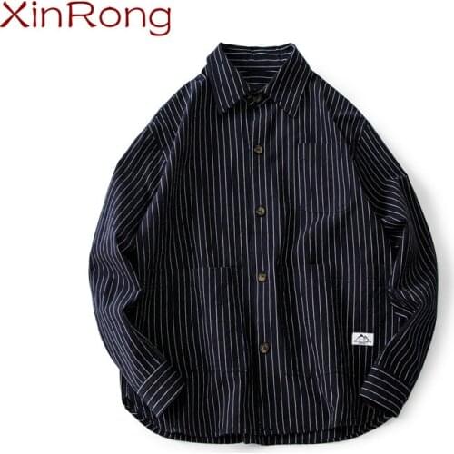Spring retro classic striped mens shirt Japanese trend tooling lapel male shirt tide brand comfortable social etiquette clothes