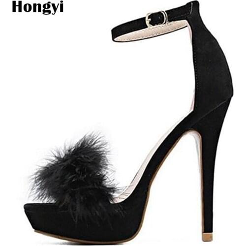 Hongyi Women Sandals Woman Suede High Heels Footwear Real Fur Ankle Strap Gladiator Sandals Female Wedding Party Dress Shoes