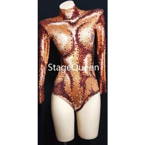 Sexy Rhinestones Sparkly AB Beads Orange Bodysuit Big Stretch Outfit Nightclub Birthday DS Costume Female Singer Dance Leotard