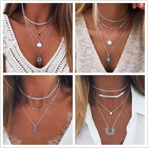Tenande Vintage Multi Layer Party Jewelry Stripe Triangles Leaves Stars Chain Necklaces & Pendants for Women Hot Sale Bijuterias