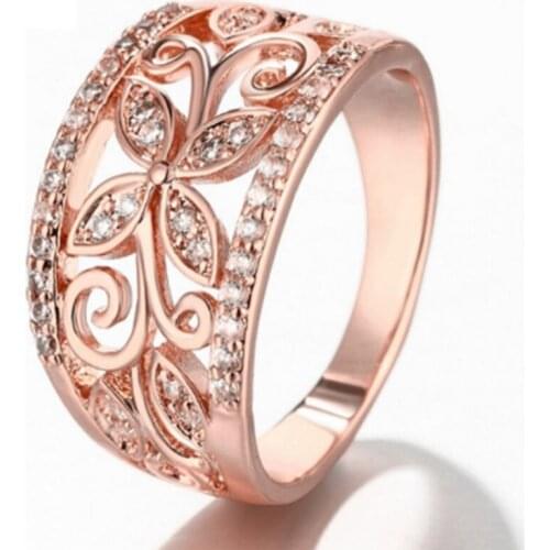 FYJS Unique Rose Gold Color Leaf Round Hollow Finger Ring with Rhinestone for Anniversary Jewelry