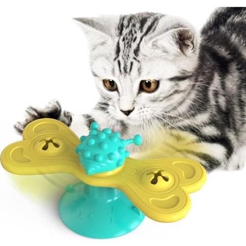 Interactive Cat Toy Windmill Scratch Hair Brush Grooming Shedding Massage Suction Cup Catnip Training Toy Catnip