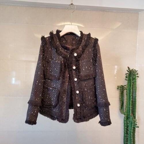 Black Tweed Jacket Women Autumn Winter Coat Bomber Jacket Harajuku Clothes Oversized Outerwear Single Breasted Pearl Tassel A301