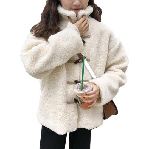 Women Winter New Lamb Cashmere Jacket Outerwear Large Size Standing Collar Loose Horn buckle Thickening Warm Coat Overcoat