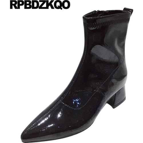 Women Patent Leather Black 2021 Shoes Block Beige Thick Pointed Toe Chunky Cheap Waterproof Ankle Autumn Side Zip Boots Short