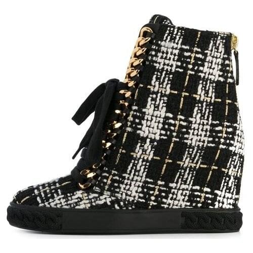 Tweed Height Increasing Boots Women Black-White Platform High Heel Wedge Shoes Zip Up Leather Womens Casual Shoes Real Photo