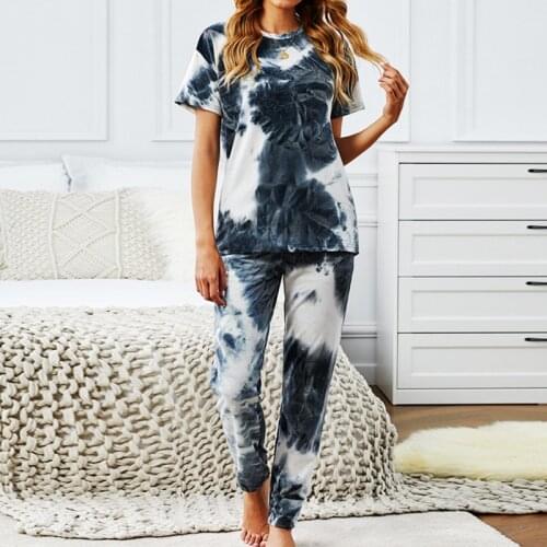 Women Tie Dye Pajamas Set Pyjama Lounge Wear Sleepwear Pijama Short Sleeve Top Long Pant Nightwear Suit 2PCS Loungewear Homewear