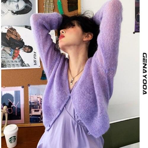Genayooa Chic V Neck Cardigan Women Knitted Tops 2021 Autumn Spring Long Sleeve Female Cardigans Y2k Sweater Korean Jumper