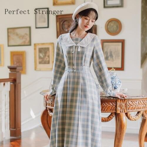 2021 Autumn New Arrival High Quality Retro Peter Pan Collar Collect Waist Long Sleeve Plaid Women Long Dress