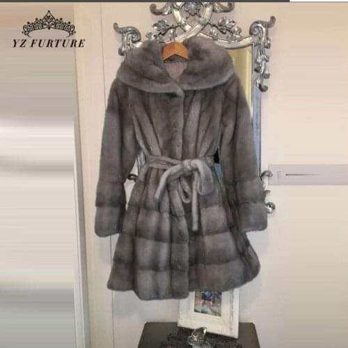 Winter Real Mink Fur Womens Coat With Belt And Hooded Girls Fashion Jacket And Popular Outerwear With Long Sleeves MKW-350