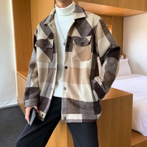 Winter Woolen Coat Men Fashion Casual Tartan Woolen Jacket Men Streetwear Wild Loose Large Size Man Jackets Overcoat M-5XL