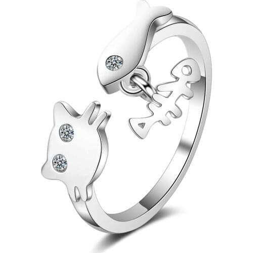 100% 925 Sterling Silver Originality Sweet Cat & Fish Bone Shine Crystal Ladies Party Ring Wholesale Cheap Gift For Women