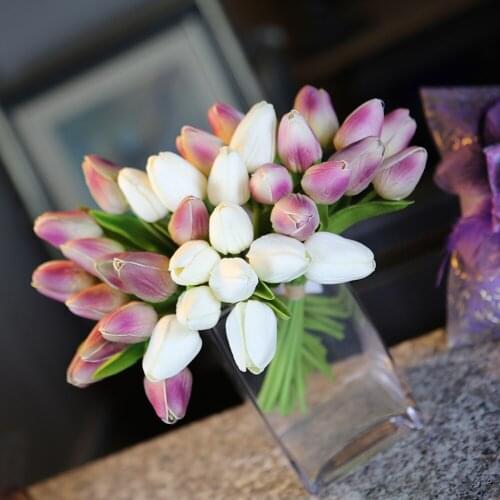 12PCS Tulip Bouquet Artificial Flower Real Touch Height Quality PU Craft Gifts For Home Bedroom Wedding Garden Decoration 25cm