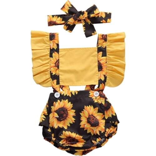 2020 Summer Newborn Baby Toddler Boys Girls Clothes Sunflowers Print Rompers Jumpsuit Playsuit headband 2pcs