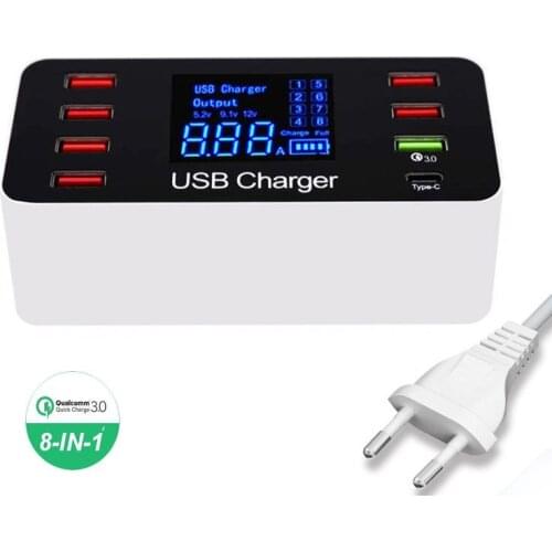 40W USB Phone Charger QC3.0 USB C Type C Fast Charger 8 Ports 2.4A Digital Display Charging Station Portable Travel Charger