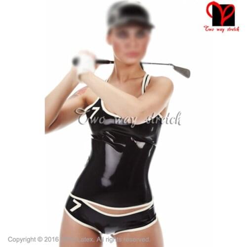 Black and white trims Sexy latex uniform top Rubber briefs with 2 pcs set Shirt size XXXL TZ-016
