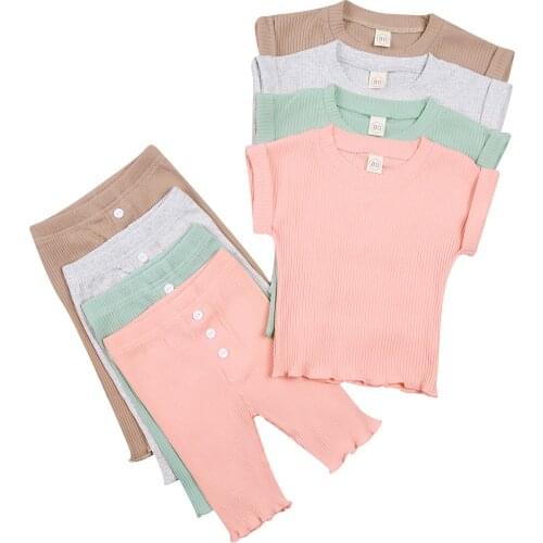 Infant Kids Baby Boy Girl 2-piece Ribbed Set, Solid Color Short Sleeve Crew Neck Top, Button Long Trousers 6M-4Y