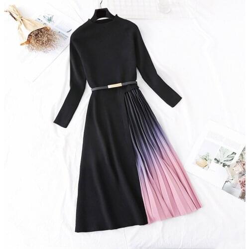 Elegant Slim Midi-long Dress Long Sleeve Pullover Round Neck Knitted Splice Pleated Dress Women Black With Sashes Dress