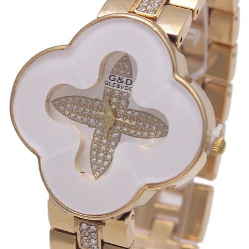 G&D Golden Women Quartz Wristwatches Stainless Steel Relojes Mujer Lady Bracelet Watch Flower Shaped Relogio Feminino Gifts Box