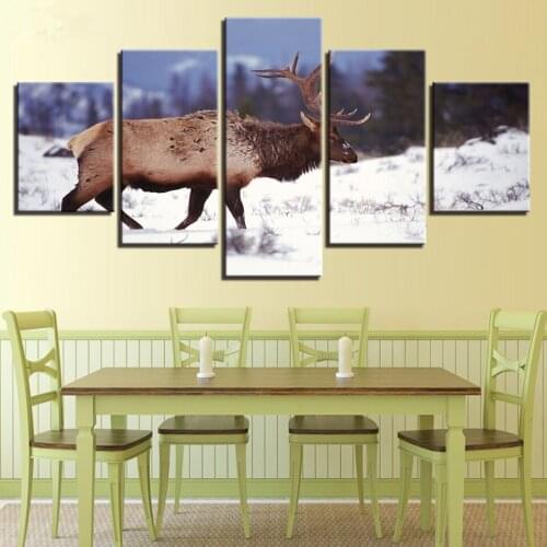 Framed Canvas Wall Art Pictures For Living Room Framework 5 Pieces Winter Snow Forest Deer Paintings HD Prints Animal