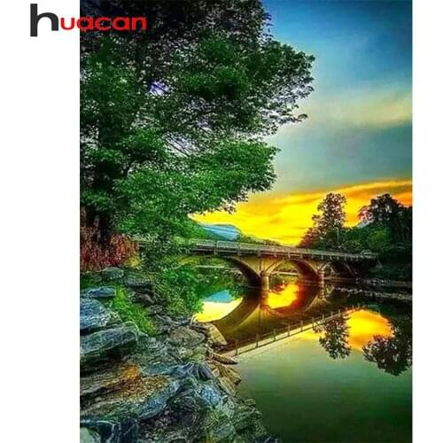 Huacan Diamond Art Painting Sunset Night Bridge Scenery Mosaic Tree River Embroidery Home Decor Wall Stickers