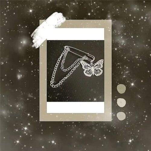 Kpop Punk Stainless Steel Chain Big Pins Metal Cute Butterfly Pendant Brooches For Women Couple Party Brooch Aesthetic Jewelry