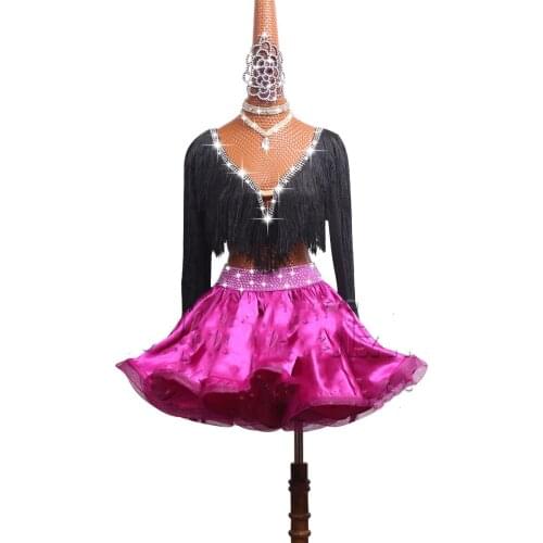 Latin Dance Competition Costume High-end Performing Costume Childrens Black V-collar Long-sleeved Tassels Fishbone Skirt#LD0043