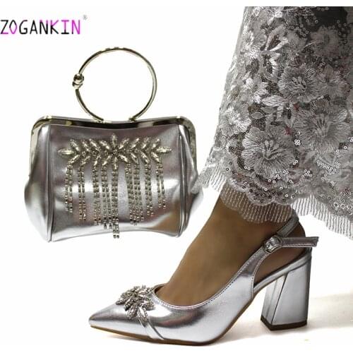 2020 Summer Sexy Lady Shoes and Bag to Mach in Silver Color Buckle Strap Sandals African Women Shoes Matching Bag for Royal Part