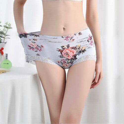 Hot Sale Women 's Underwear Panties Cotton Lace Antibacterial Elastic Traceless Printed Shorts Mid Waist Underwear Pants 061