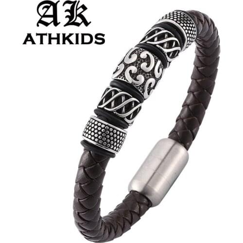 Fashion Stainless Steel Beads Leather Bracelet Men Trendy Jewelry Brown Braided Leather Male Bangles Pulseira Hombre PD0132