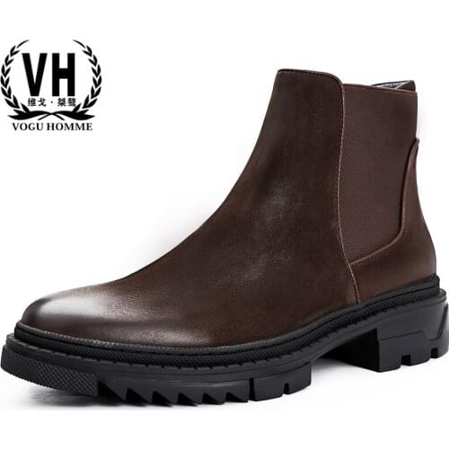 Thick bottoms Chelsea boots High Quality Genuine Leather military boots autumn winter British men shoes cowhide combat boots