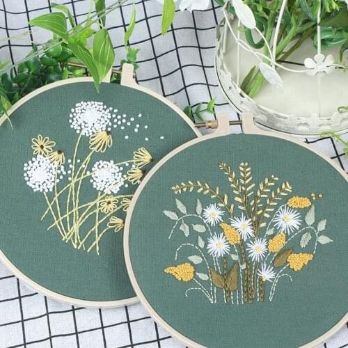DIY Stamped Embroidery Starter Kit with Flowers Plants Pattern Embroidery Cloth Threads Tools Kit Green Dandelion Handmade