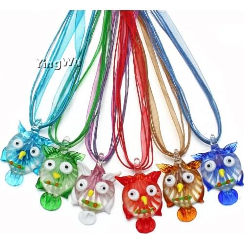 Yingwu Hot Selling Charming 6 Colors Animal Owl Lampwork Glass Pendants Murano Glass Charms Necklace For Women 6pcs