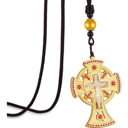 Religious Irish Christian Catholic Celtic Cross Large Pendant Red Rhinestone Necklace Mens Rope Chain Church Nun Prayer Jewelry
